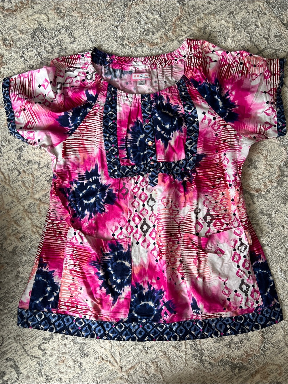koi Pink and Navy Patterned Scrub Top